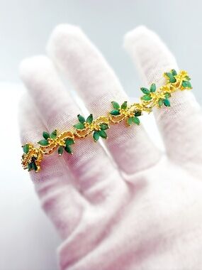 14k Yellow Gold over Silver and Green Emerald Jadeite Floral Bracelet!